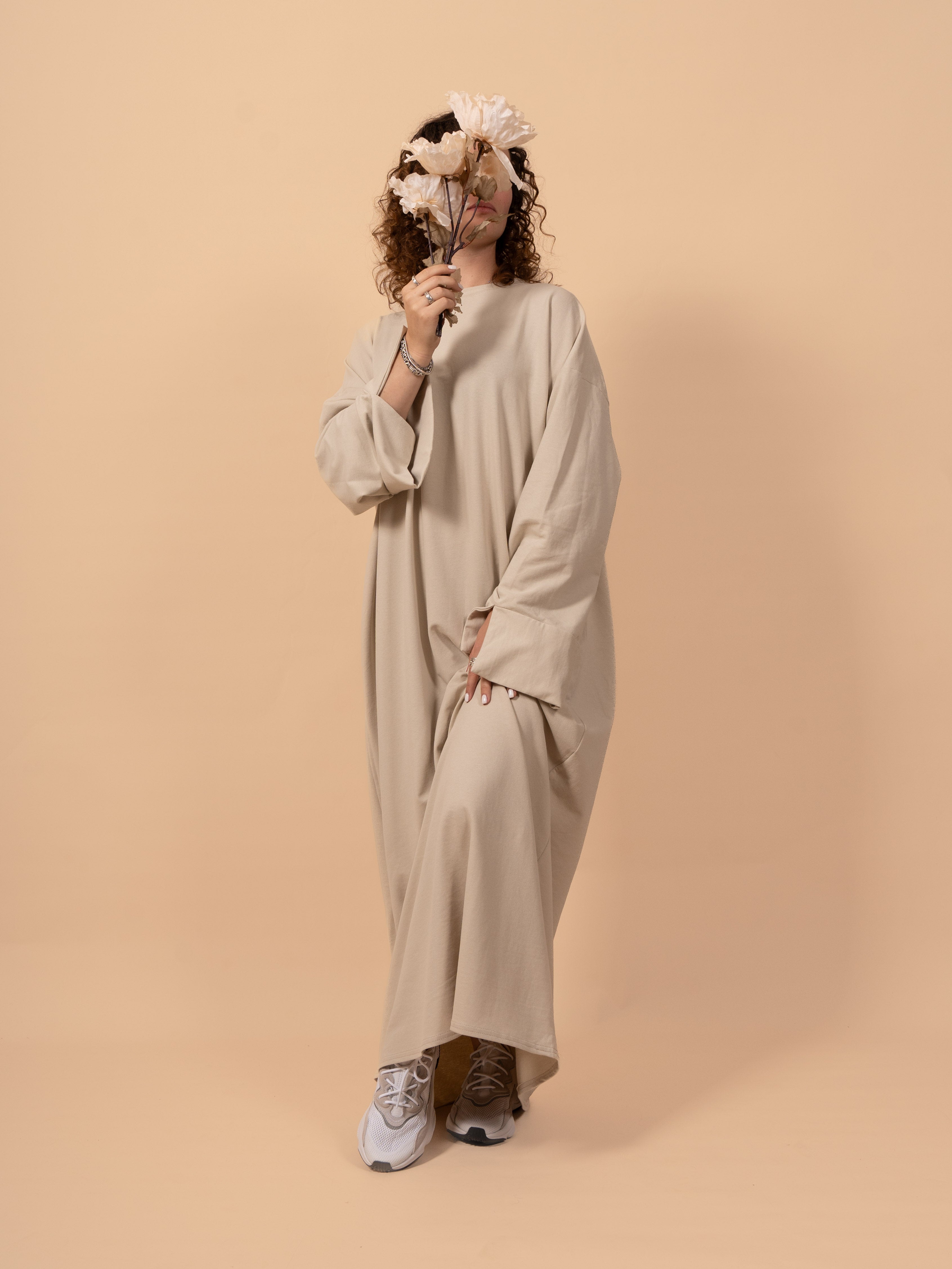 Cut sleeve dress - Beige